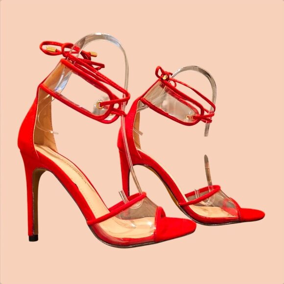 Shoes - Red Strappy High Heel Sandals With Clear PVC & Ankle Tie Detail Elegant Evening